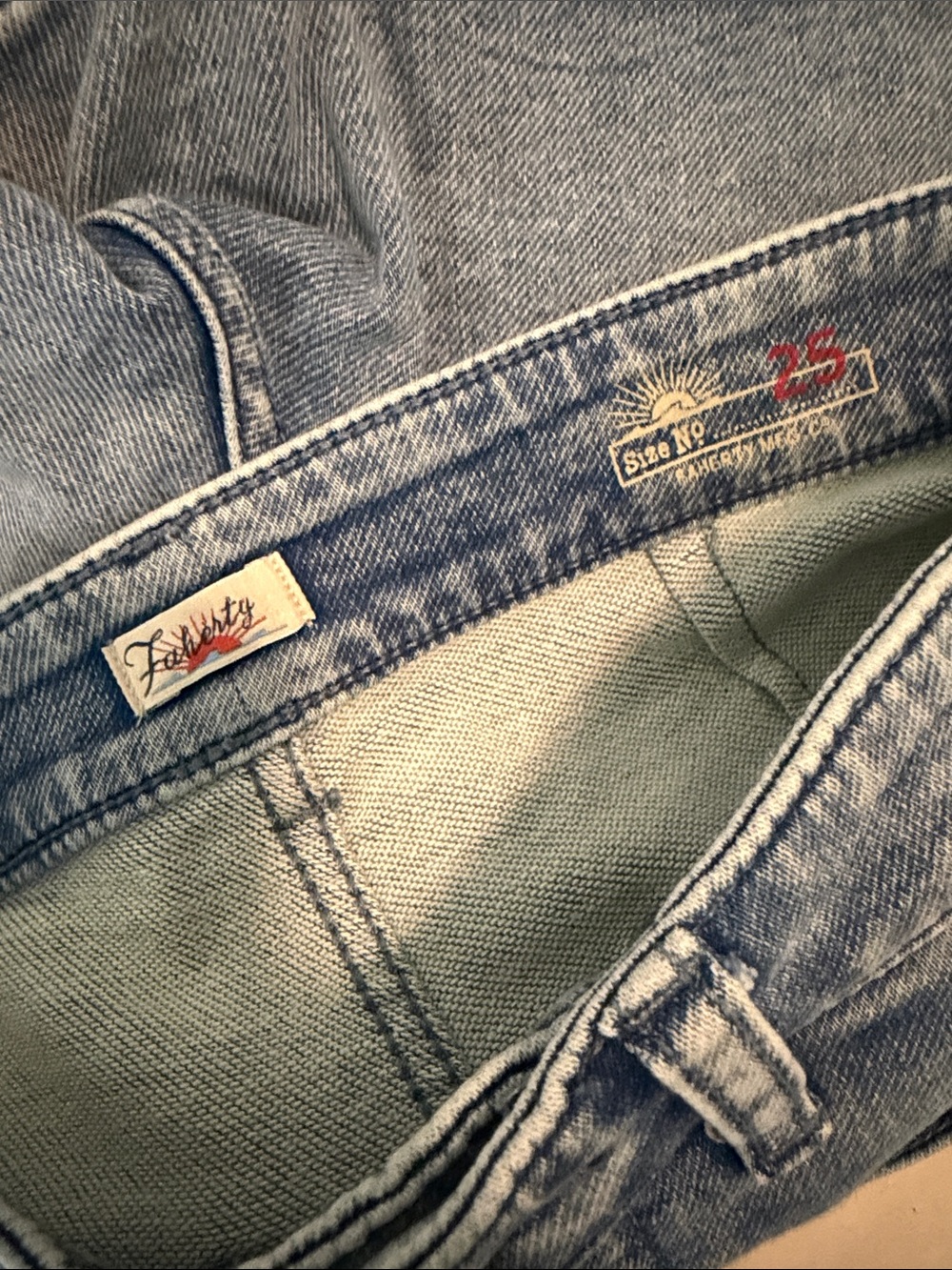 FAHERTY Stretch Terry Patch Pocket Light Blue High-Rise Denim Shorts - Picture 8 of 8